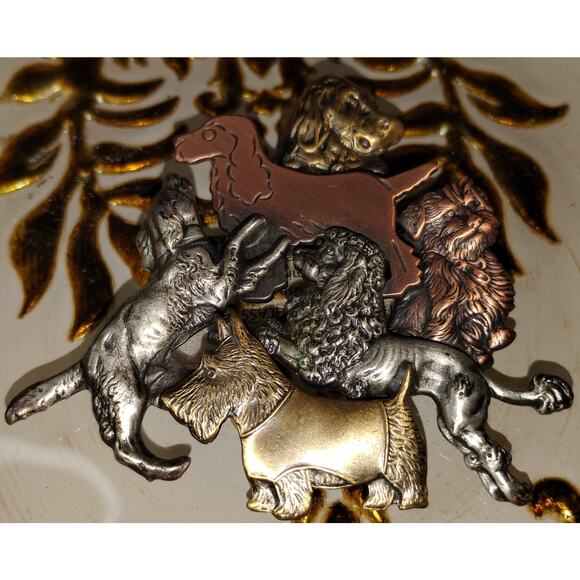 Signed K&T Vintage Multi-Dog Breed Brooch – Mixed Metal Layered Design - Picture 1 of 3
